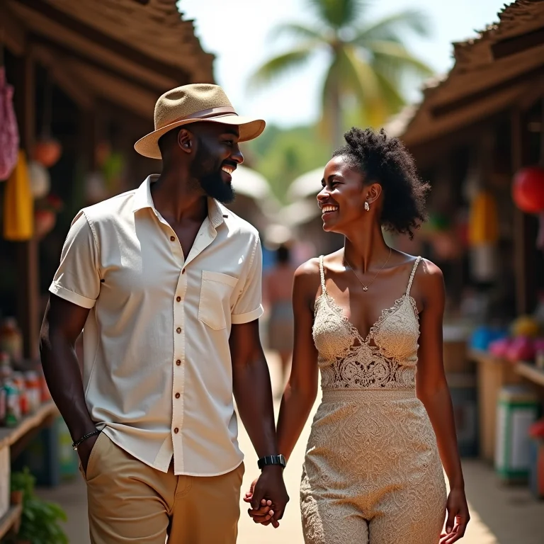 Casal em lua de mel explorando o mercado local em Punta Cana