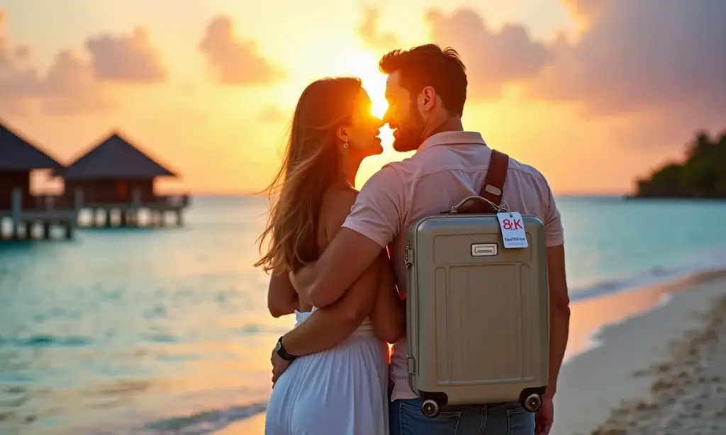 Casal em lua de mel nas Maldivas com tag de bagagem 'Dubai & Maldivas'.