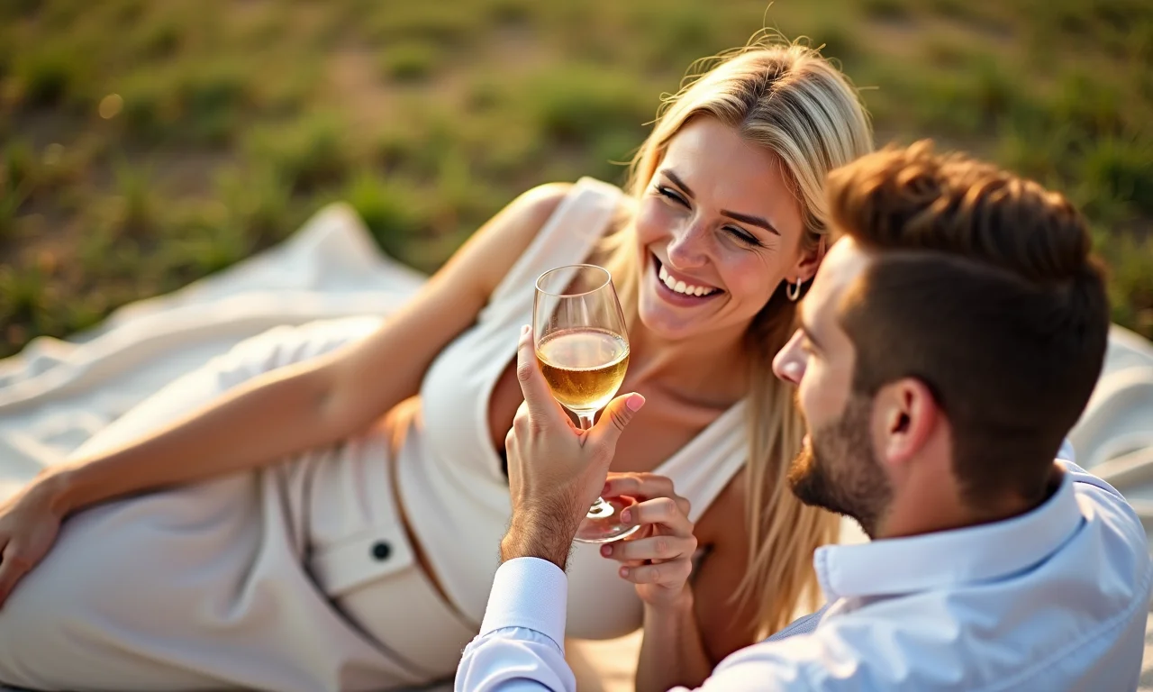 Casal em piquenique com toalha de linho celebrando quatro anos de casamento.