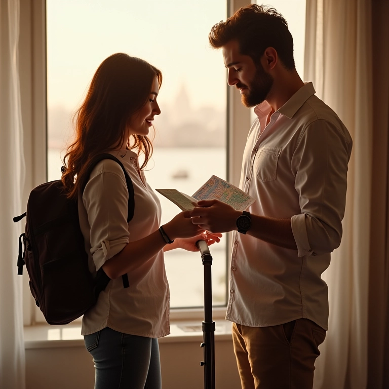 Casal escolhendo acessórios de viagem para a lua de mel.
