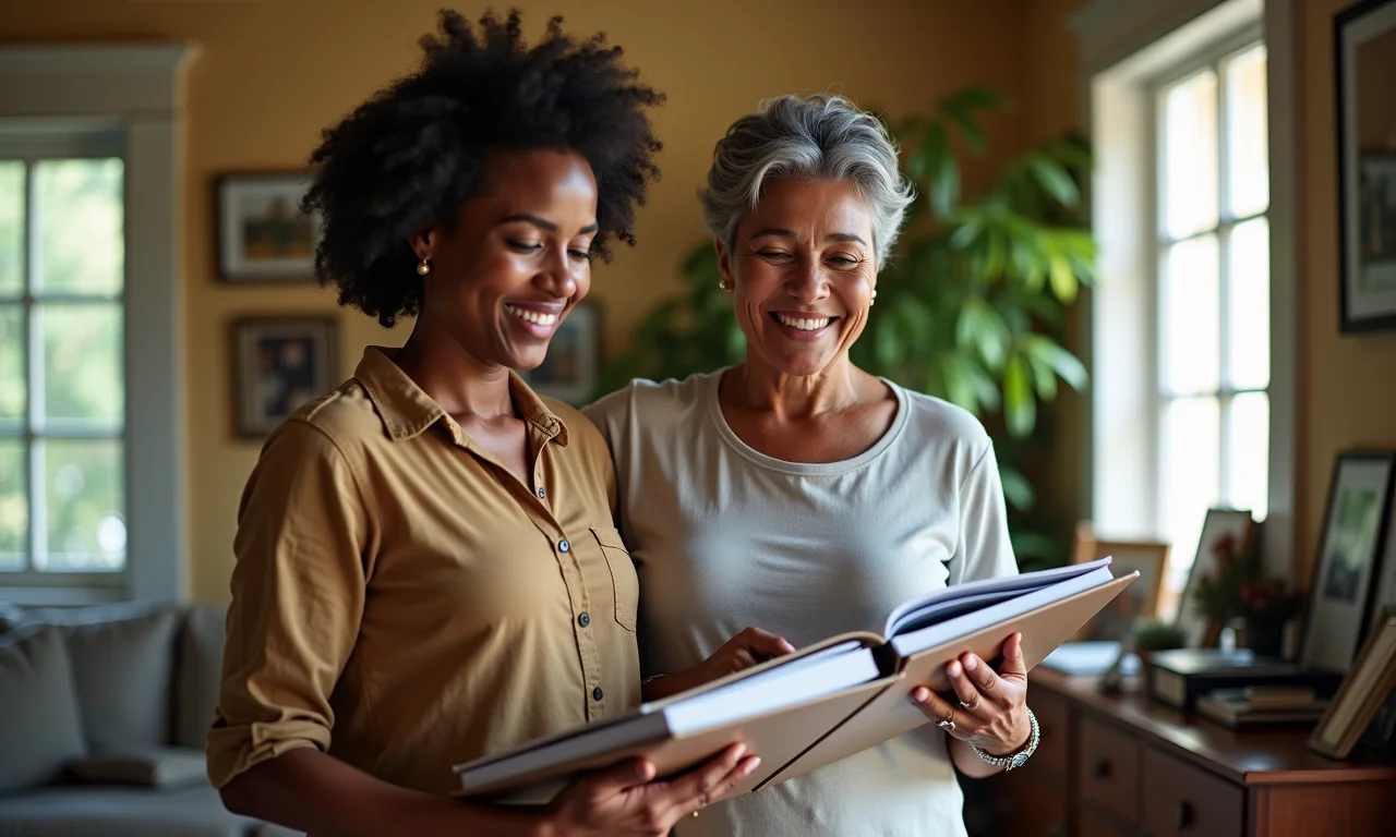 Casal escolhendo fotos para decoração.