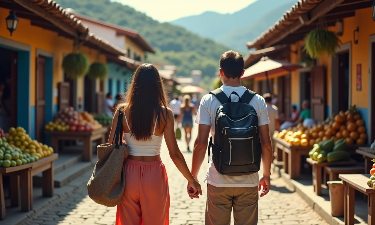 Casal evitando ciladas turísticas e explorando um mercado local.