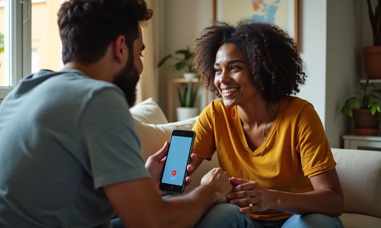 Casal fazendo videochamada com padrinho que mora longe, mantendo contato.