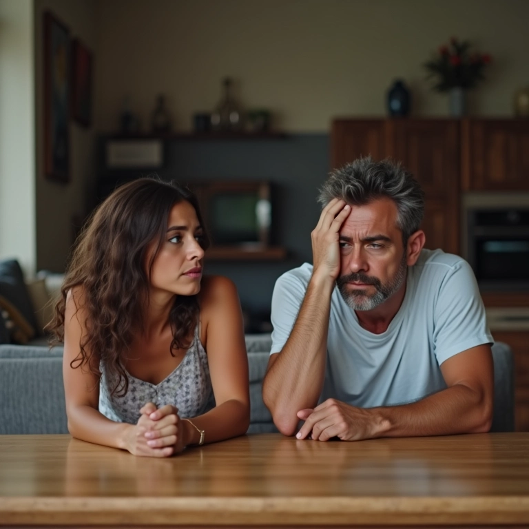 Casal jovem tenso sob o olhar reprovador de casal mais velho.