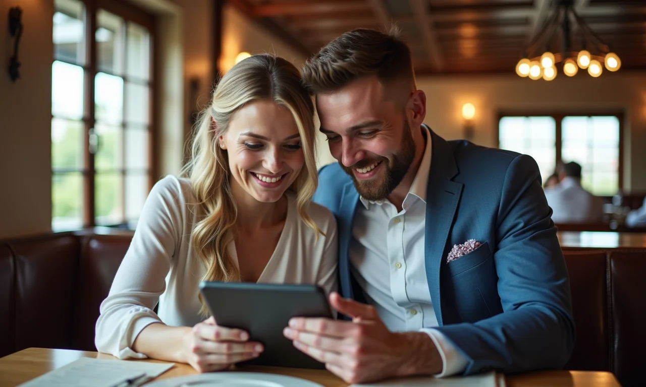 Casal lendo avaliações de um restaurante para casamento em um tablet.