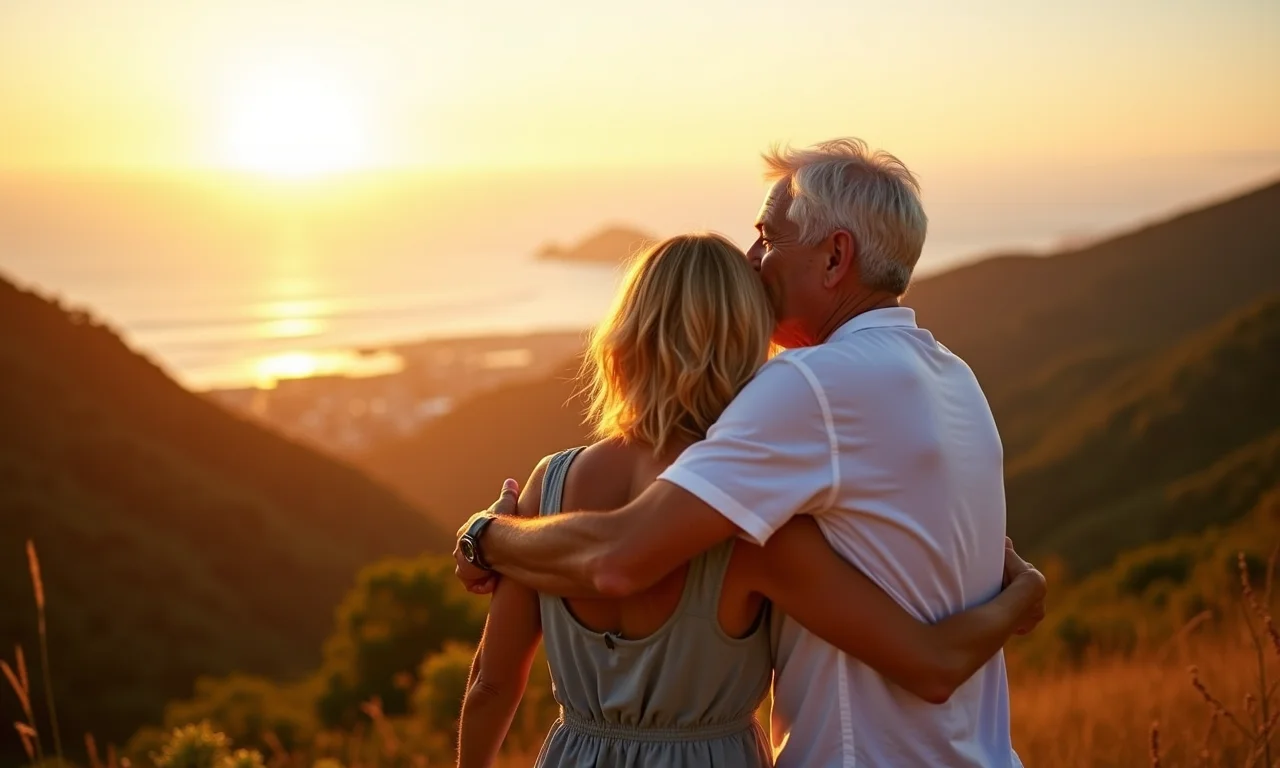 Casal maduro se abraçando com vista para paisagem brasileira, celebrando amor duradouro.