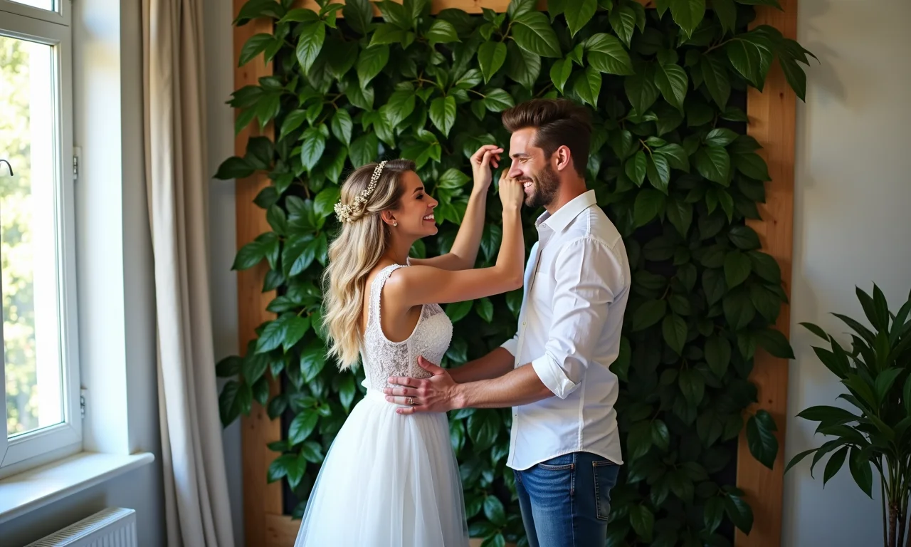 Casal montando um painel de folhagens DIY para o casamento.