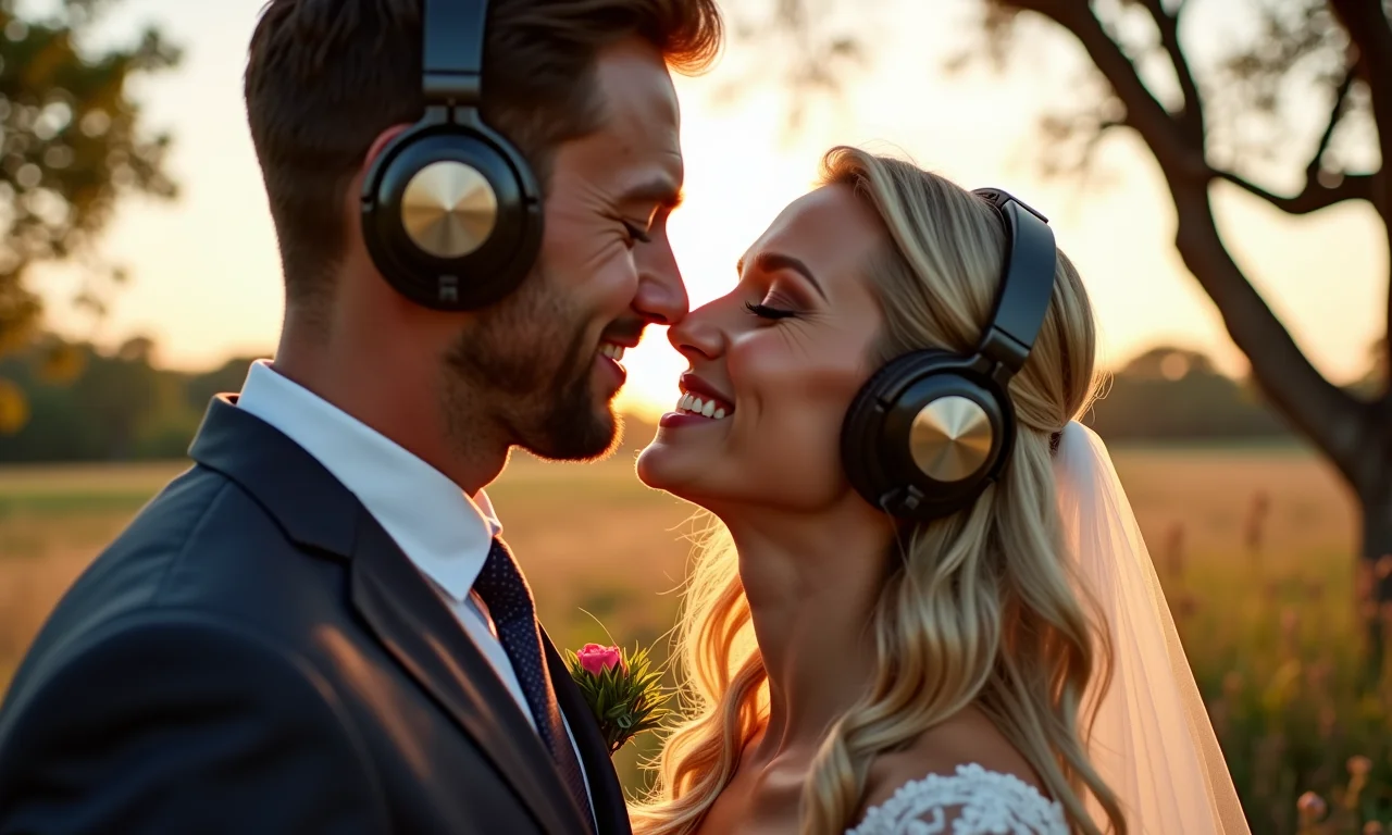 Casal ouvindo música para escolher a ideal para a primeira dança.