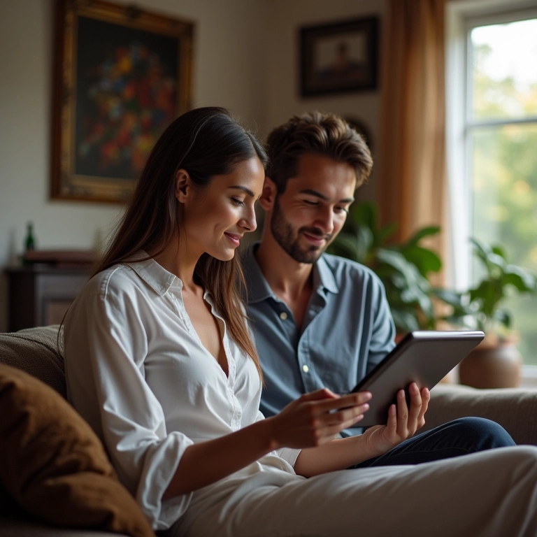 Casal planejando casamento ecumênico com tablet.