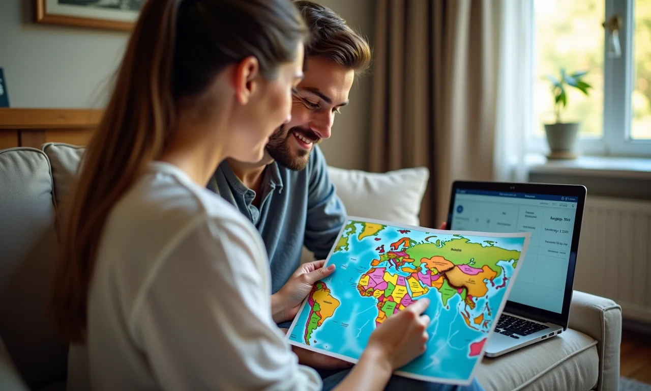 Casal planejando roteiro de lua de mel para Dubai e Maldivas.