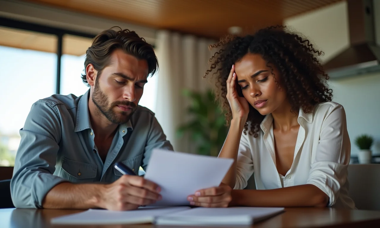 Casal preocupado calculando os custos da lua de mel em Angra dos Reis.
