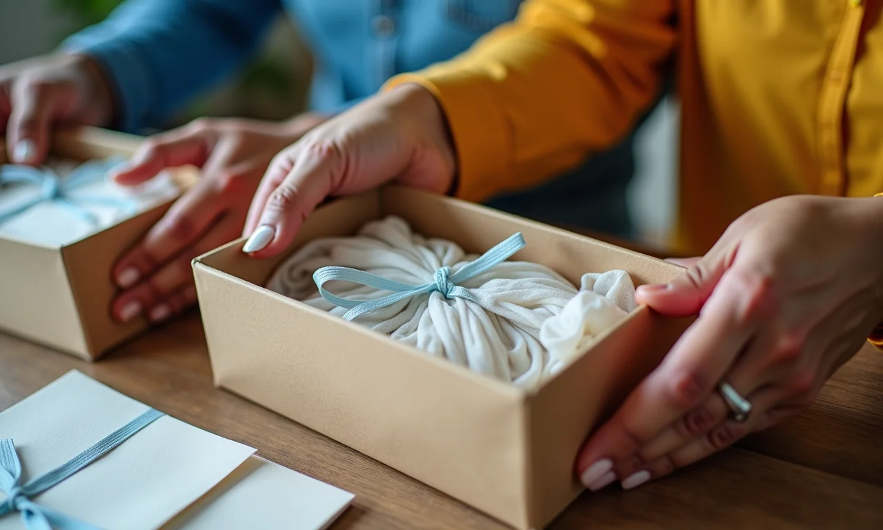Casal preparando caixas de convite personalizadas para os padrinhos.