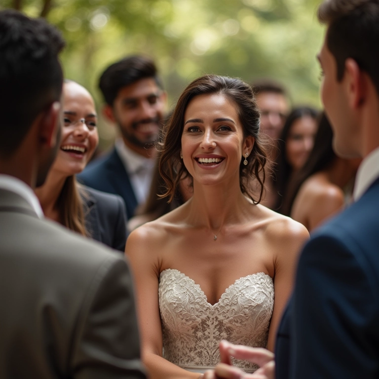 Casal recebendo cumprimentos de convidados em casamento.