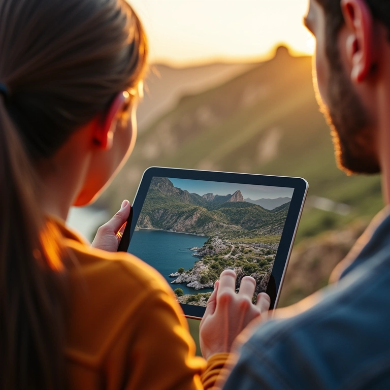 Casal reservando passeios com antecedência em pousada charmosa.