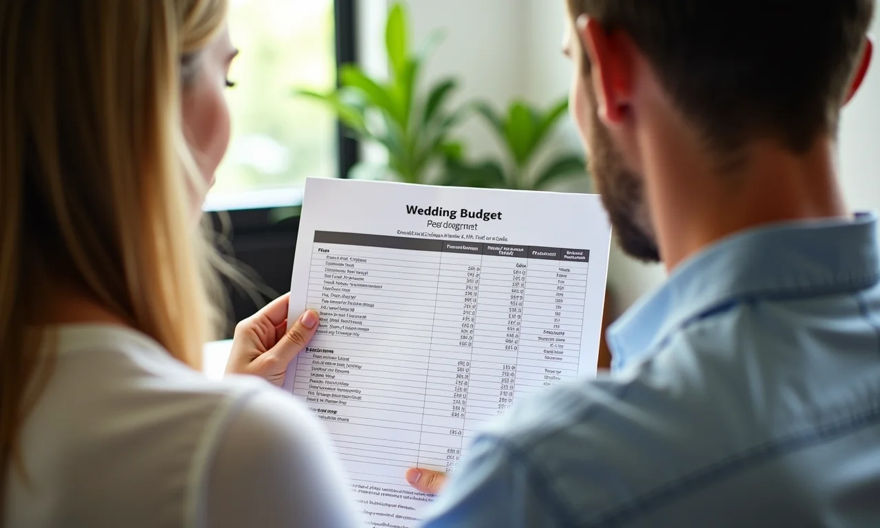 Casal revisando planilha de orçamento de casamento com os custos do cardápio vegetariano destacados.