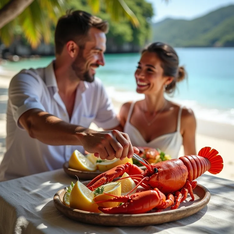 Casal saboreando lagosta na Praia da Cueira, Boipeba.