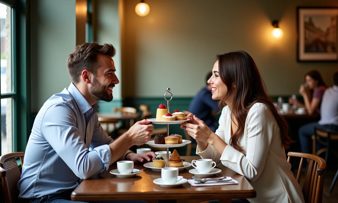 Casal saboreando um chá da tarde tradicional em um café charmoso em Notting Hill, Londres.
