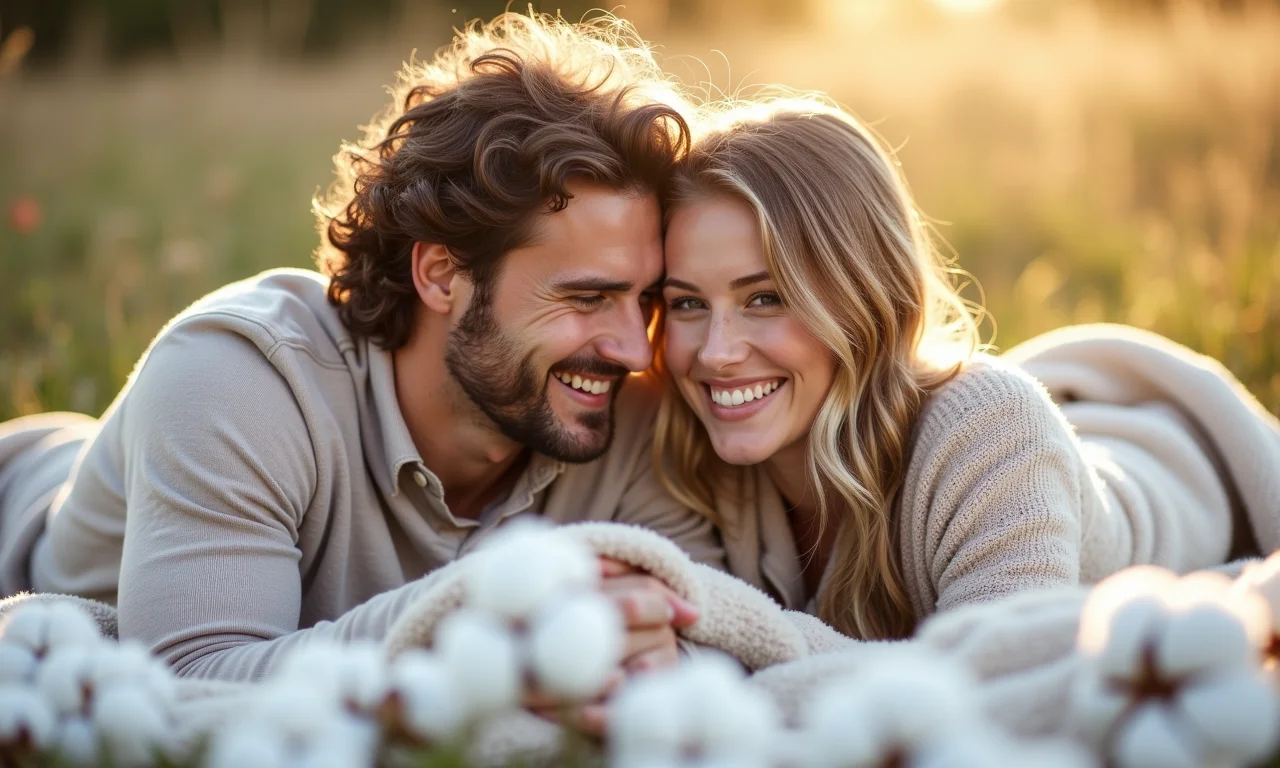 Casal se abraçando em cobertor de algodão celebrando dois anos de casamento.