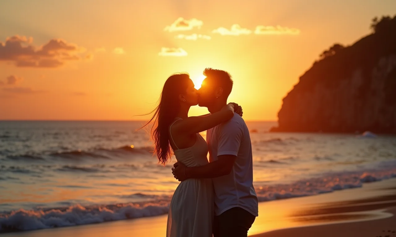 Casal se beijando em praia particular ao pôr do sol em Angra dos Reis.