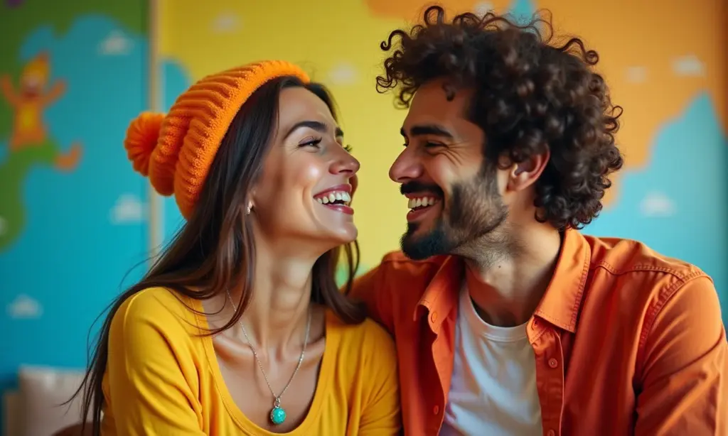 Casal se divertindo em ensaio temático criativo.