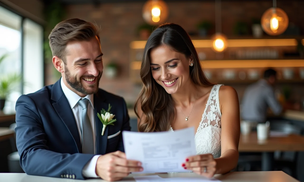 Casal sorrindo ao revisar a conta do casamento em restaurante.