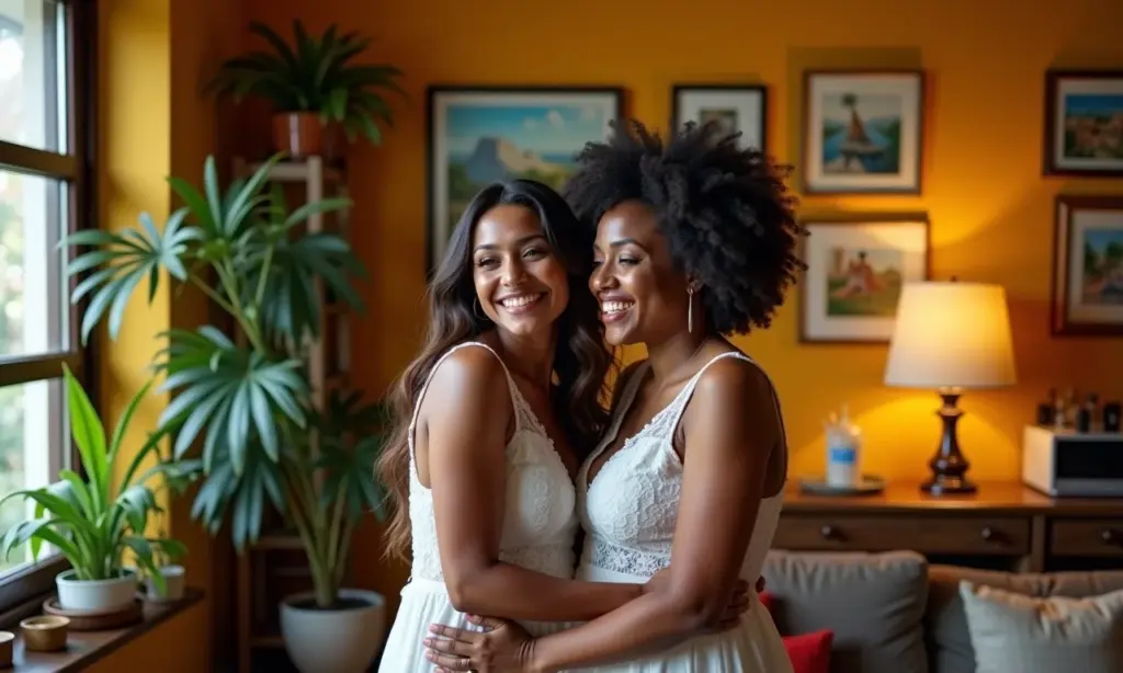 Casal sorrindo em apartamento decorado com foto de casamento.