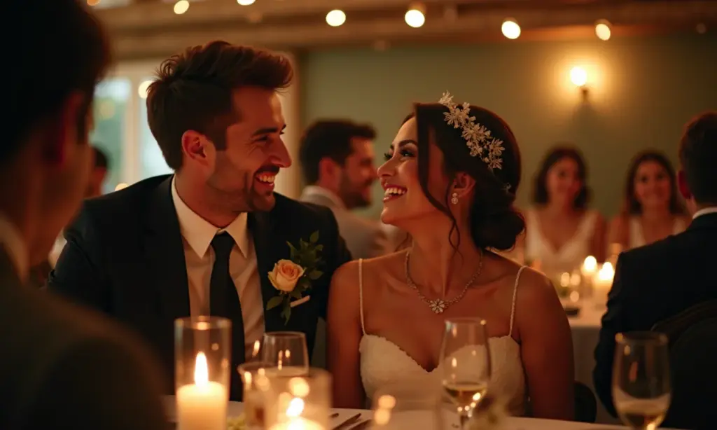 Locais Para Casamento Pequenos: Charme e Intimismo Casal sorrindo em um casamento intimista com decoração rústica e iluminação suave.