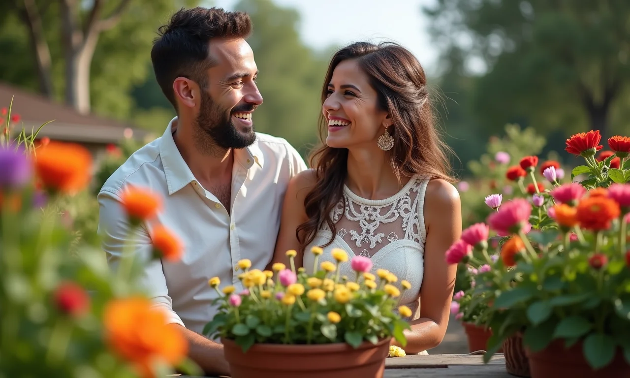 Casal sorrindo rodeado por flores plantadas em casamento.