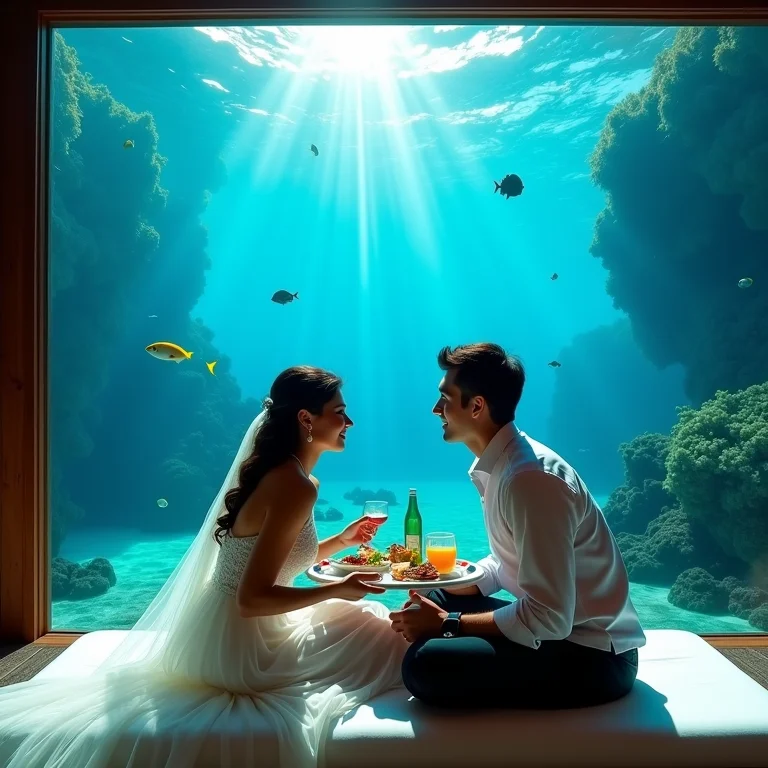 Casal tomando café da manhã em suíte subaquática nas Maldivas