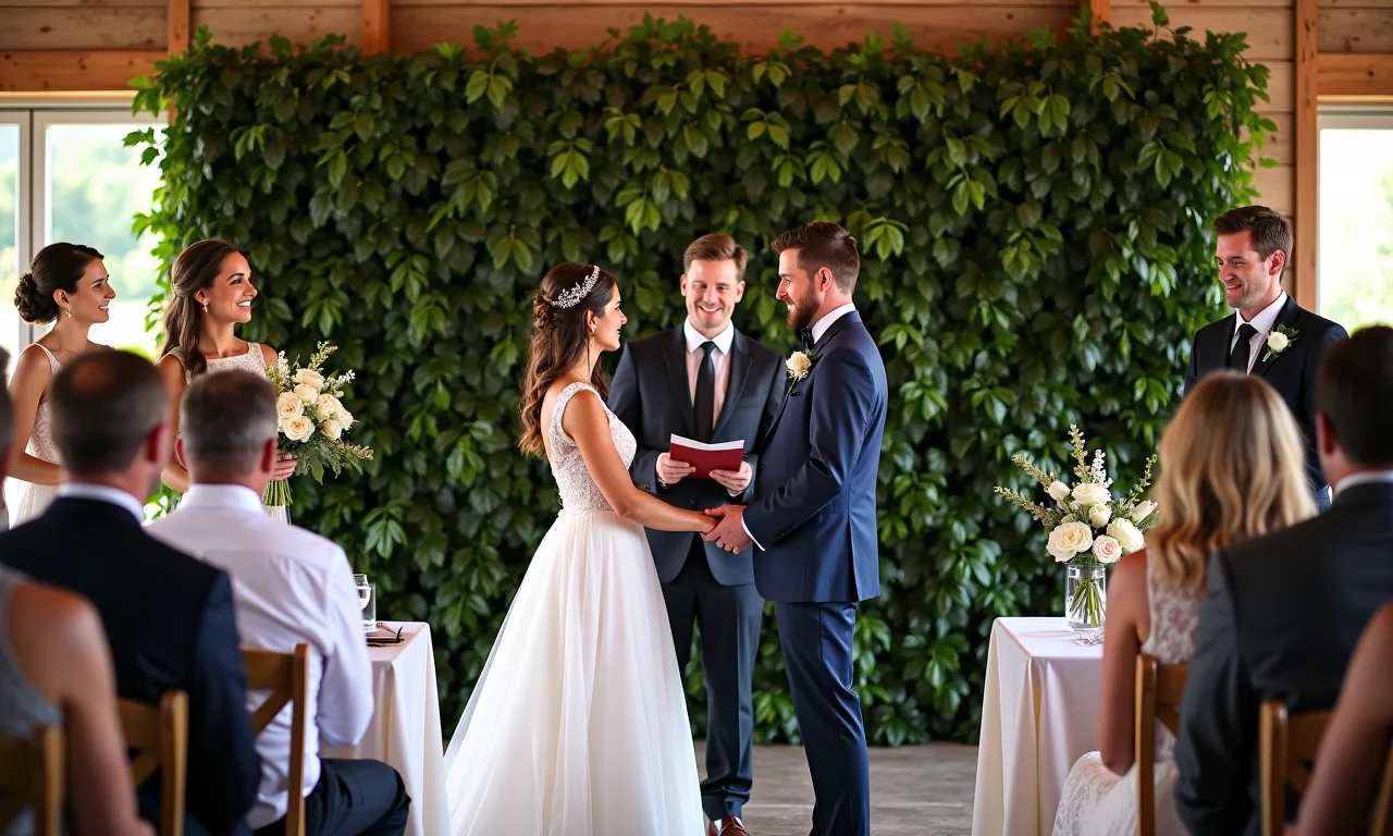 Casal trocando votos em frente a um painel de folhagens em casamento.