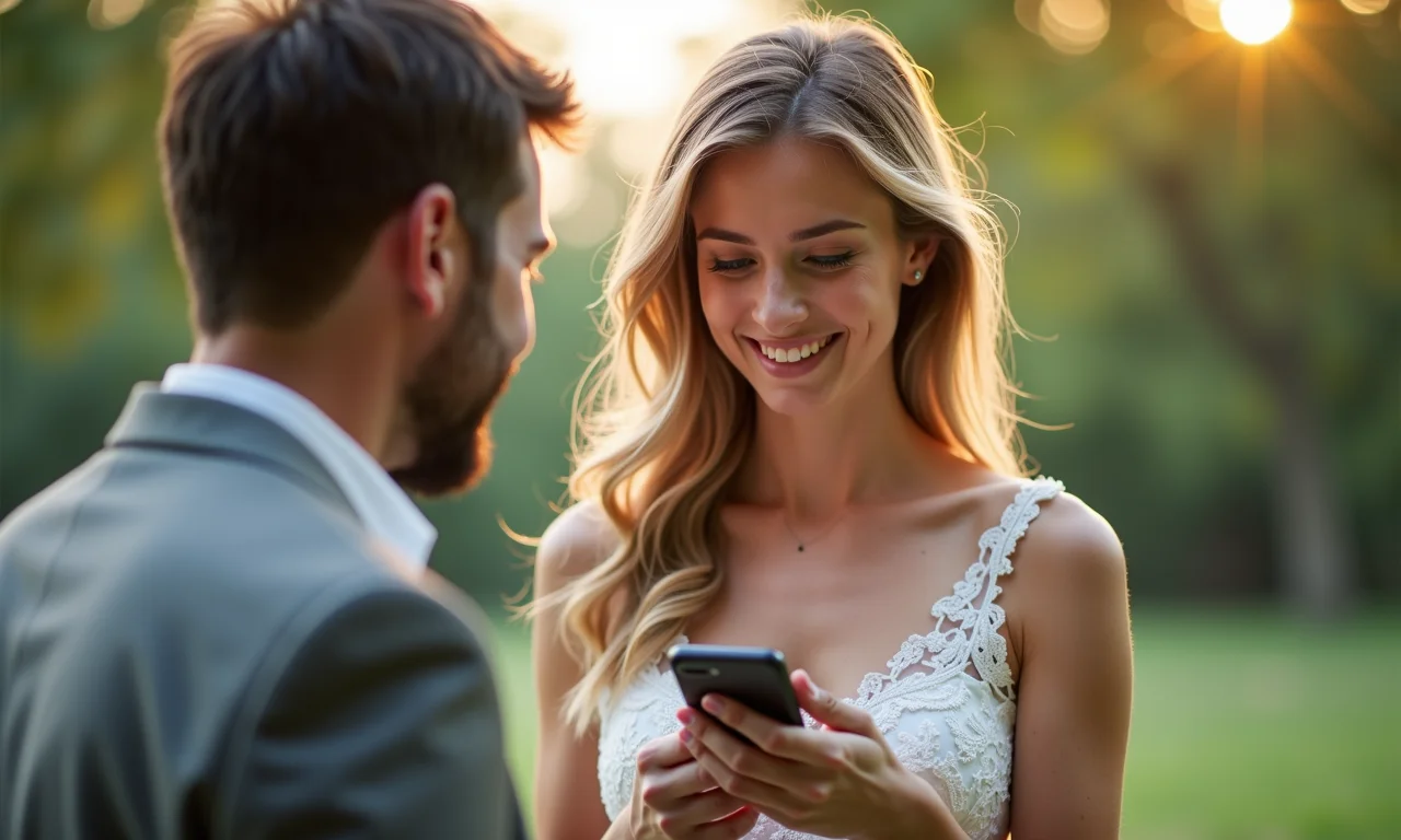 Casal usando app de tradução para se comunicar.
