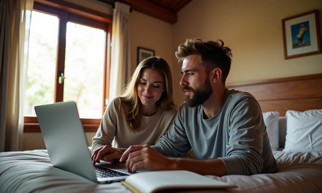 Casal verificando orçamento de viagem para Canela no laptop.