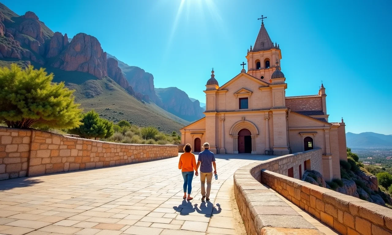 Casal visitando a Catedral de Pedra em Canela em dia ensolarado.