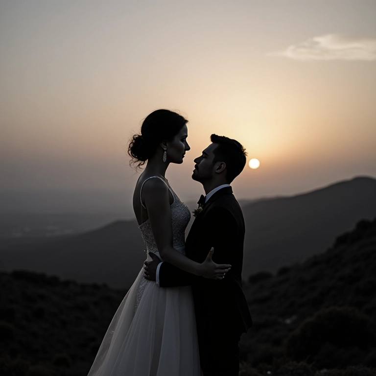 Casamento ao ar livre em preto e branco com pôr do sol.