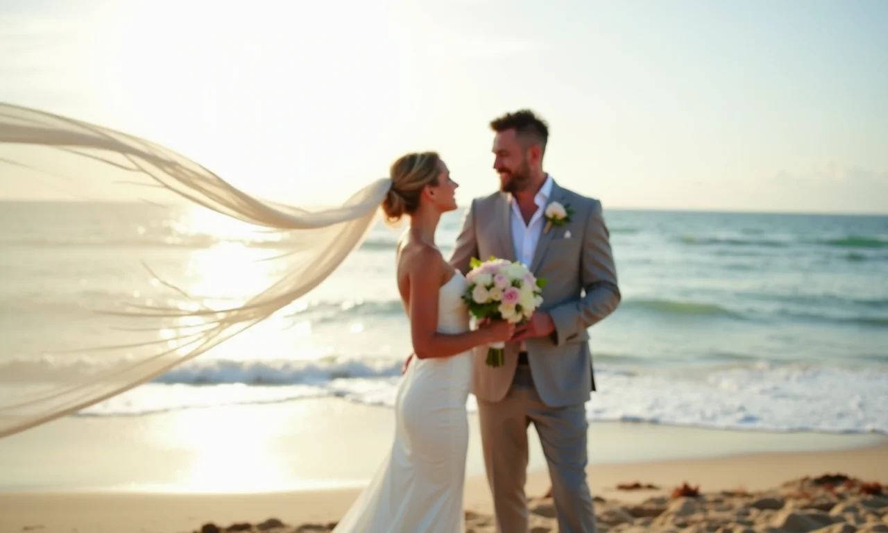 Casamento ao ar livre na praia com decoração de voal esvoaçante.