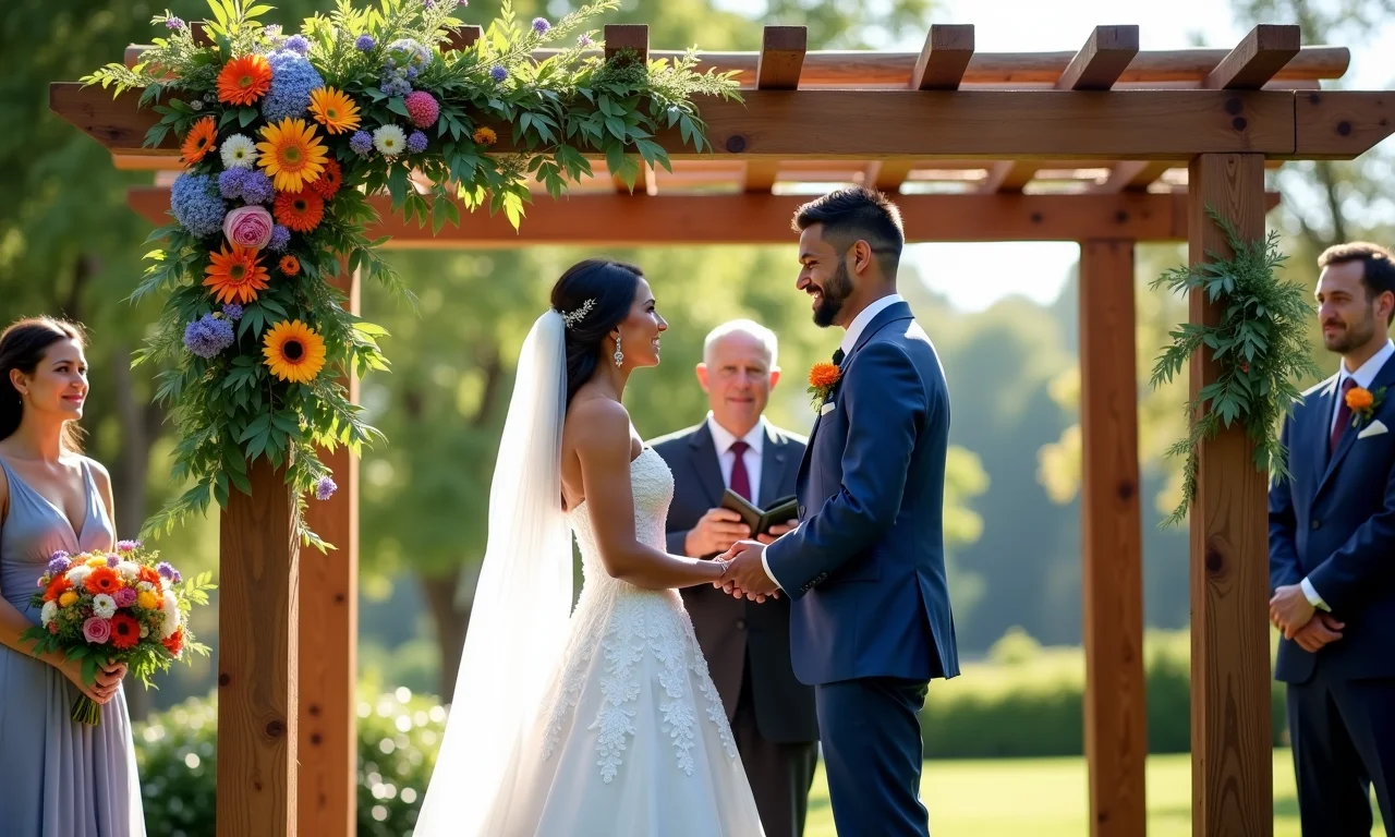 Casamento ao ar livre sob um pergolado florido.