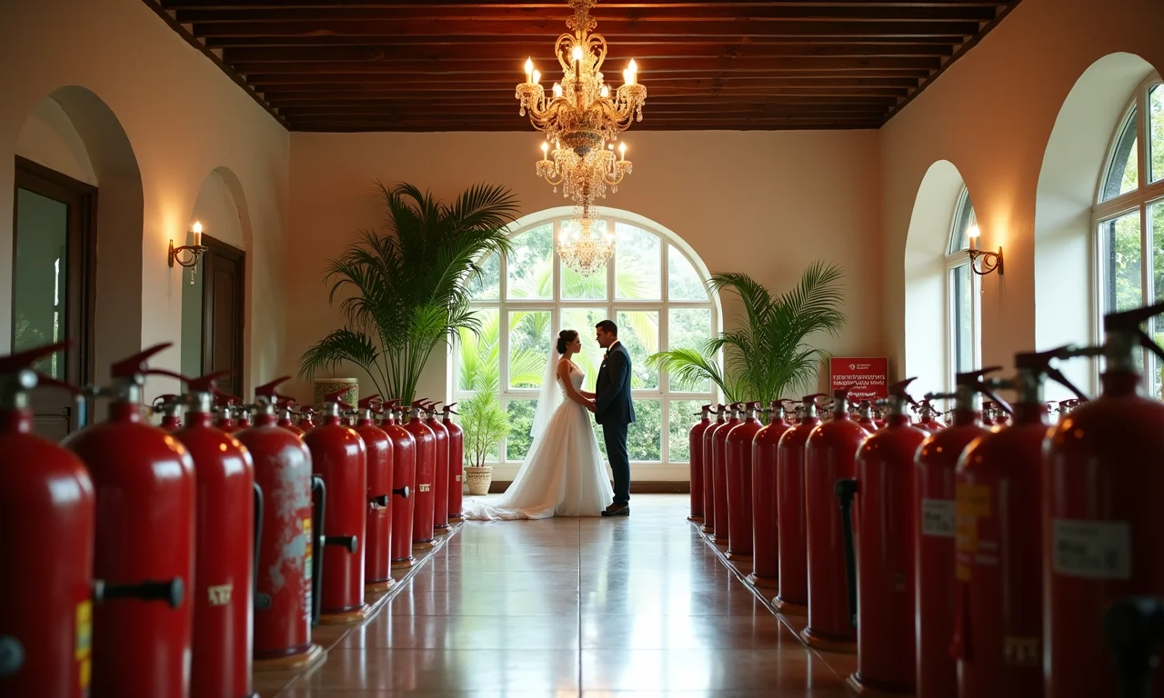 Casamento com brigadistas presentes e equipamentos de segurança visíveis.
