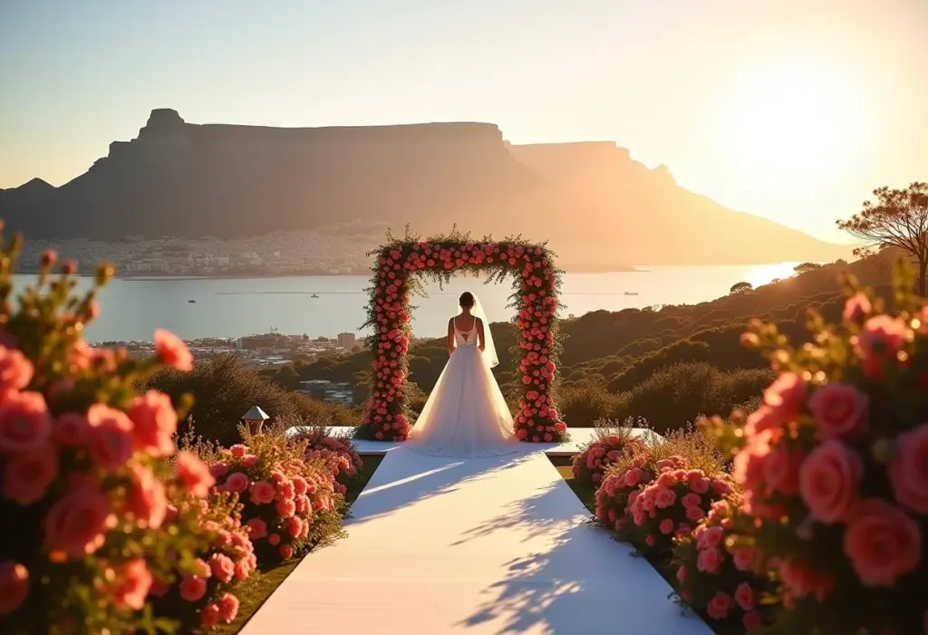 Casamento na África do Sul: O guia completo para noivos exóticos Casamento de luxo com vista para a Table Mountain, África do Sul.