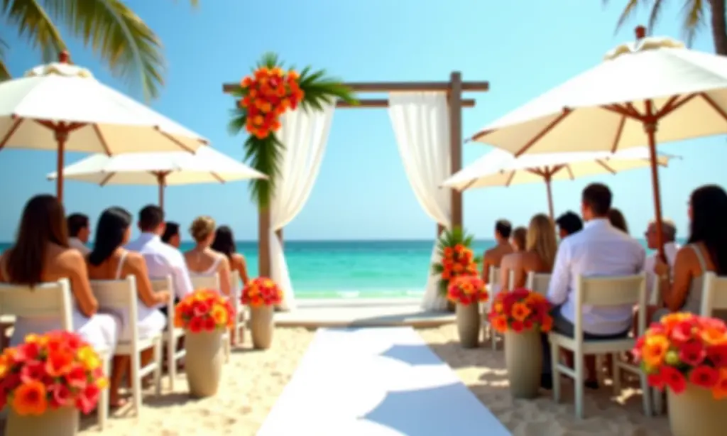 Casamento luxuoso na praia com ombrelones brancos e decoração tropical.