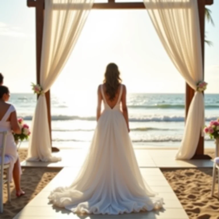 Casamento na praia: Noiva caminhando para o gazebo com cortinas esvoaçantes.