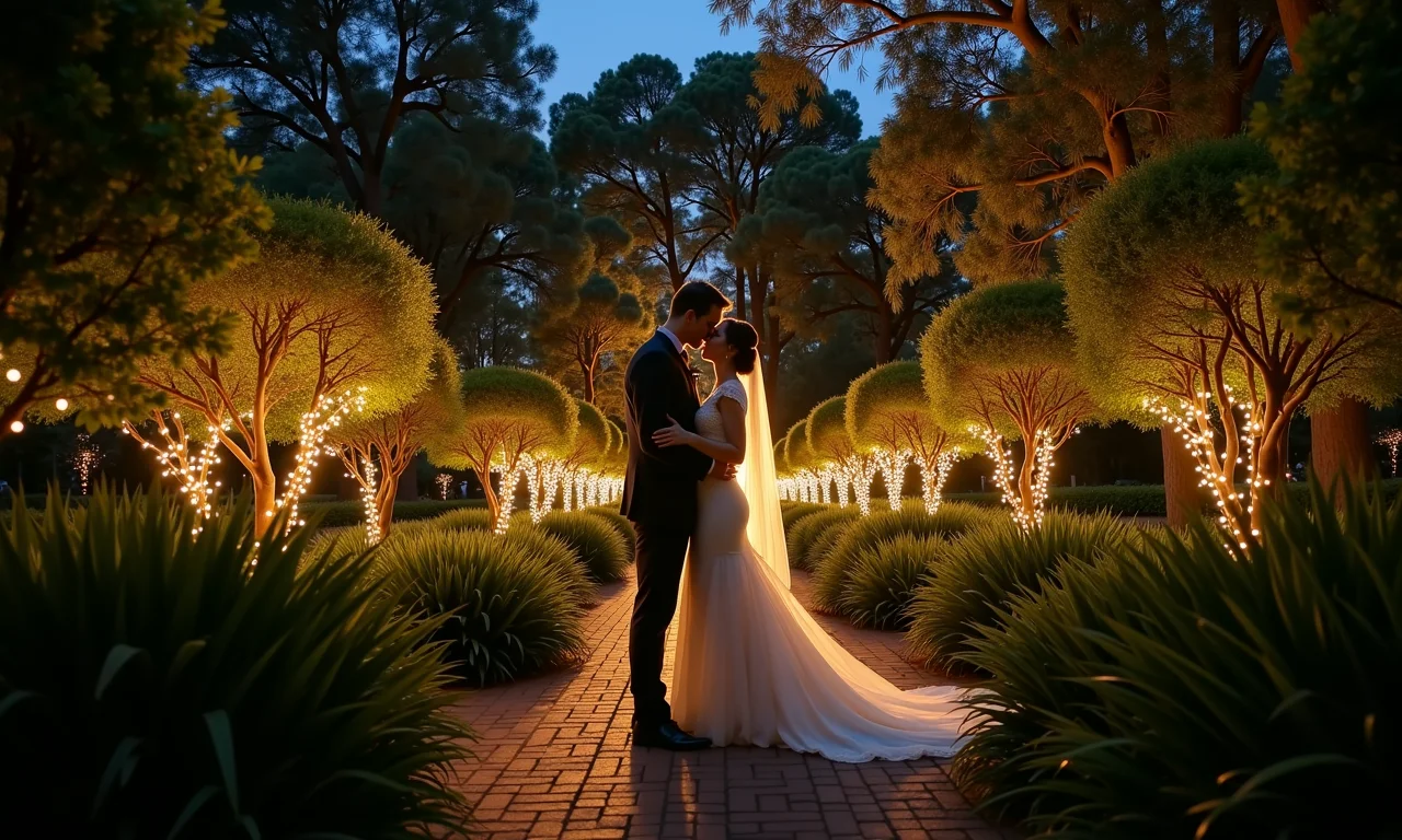 Casamento noturno em jardim botânico iluminado.
