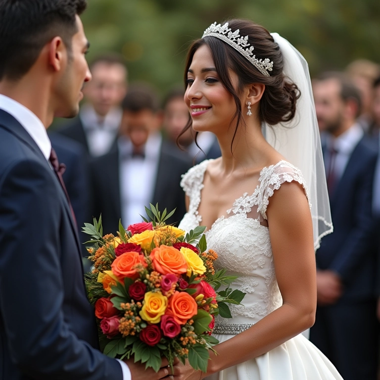 Casamento tradicional com buquê colorido.