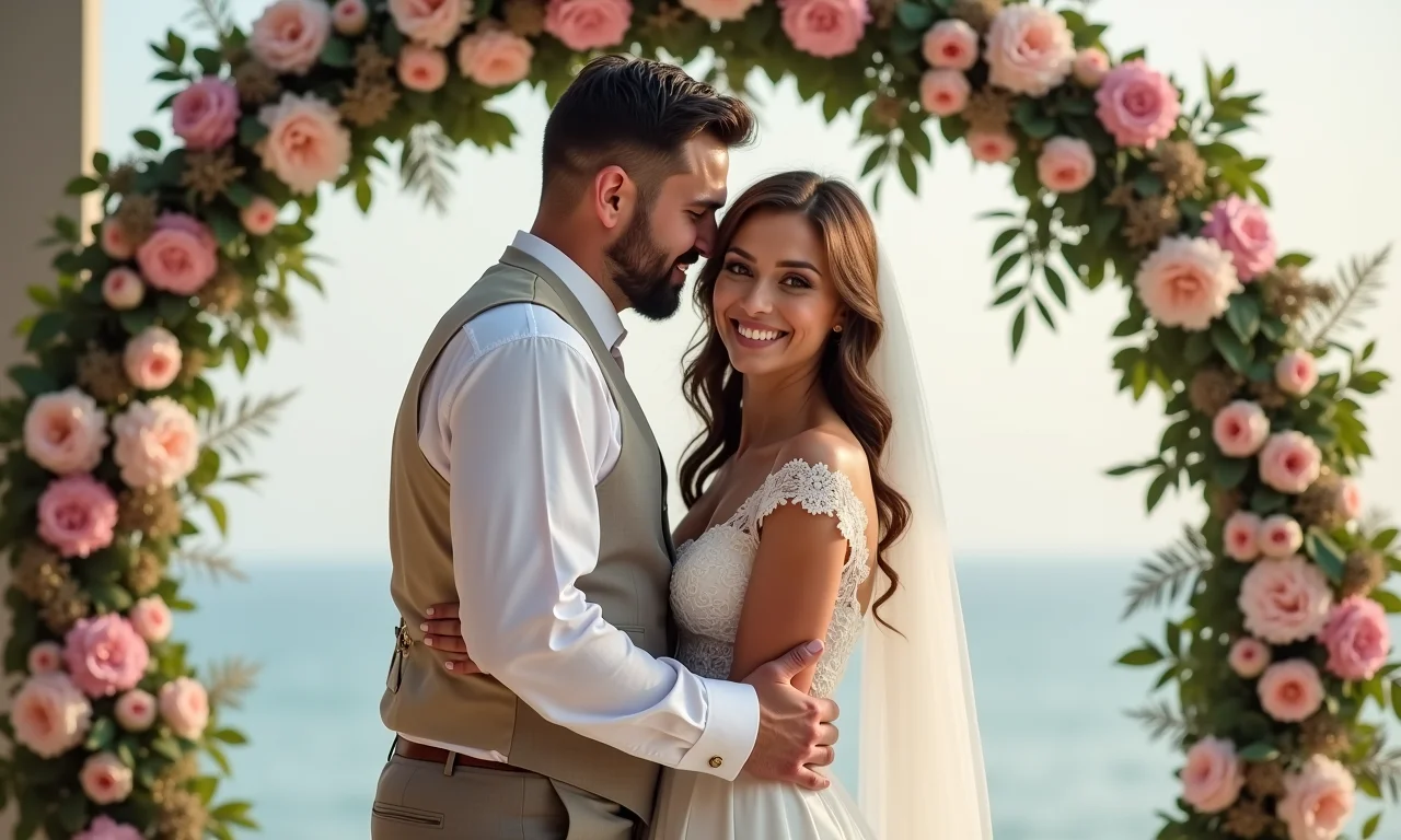 Cenário de casamento romântico vintage com arco floral.