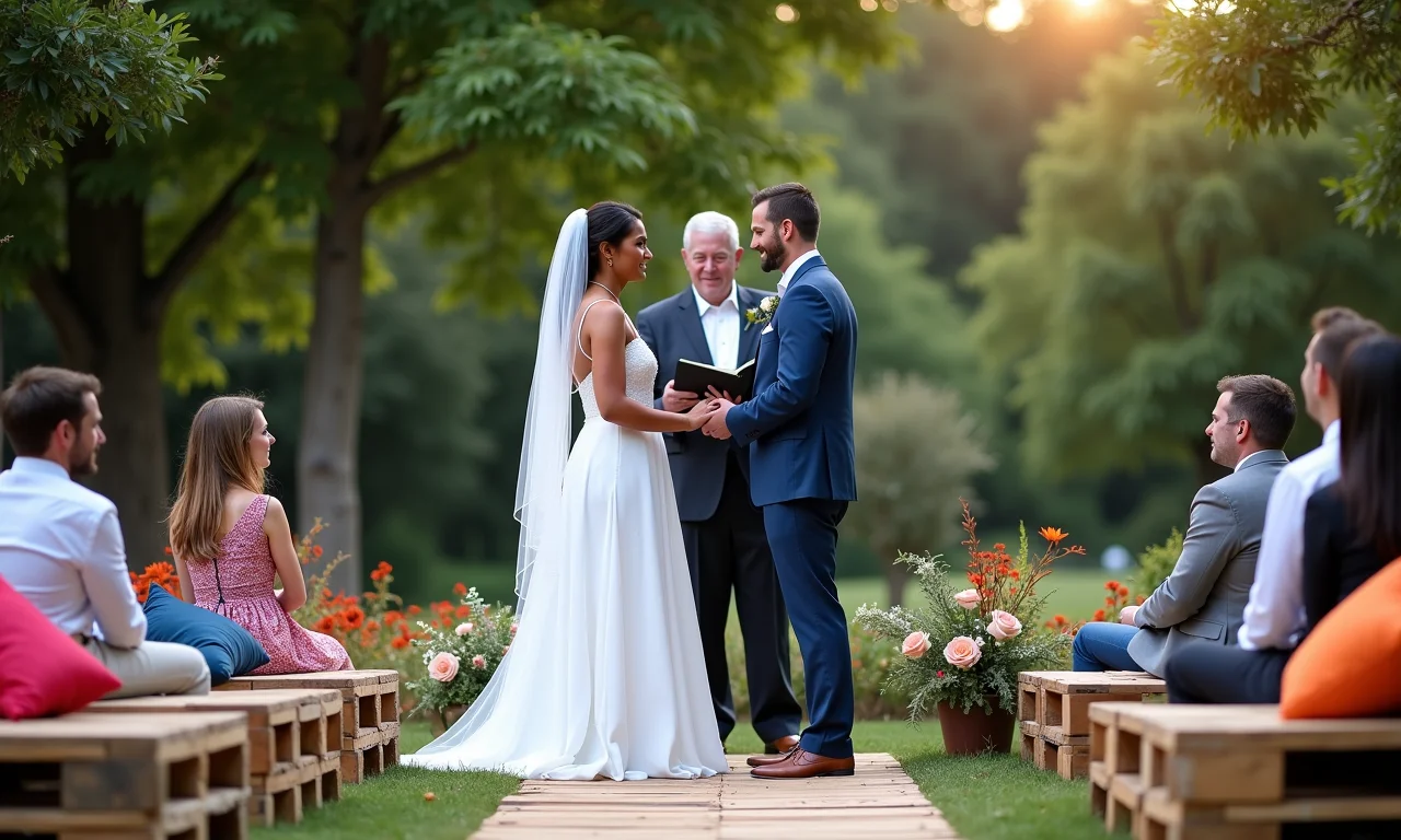 Cerimônia de casamento ao ar livre com pallets de madeira reutilizados como assentos, decorados com almofadas coloridas e flores.