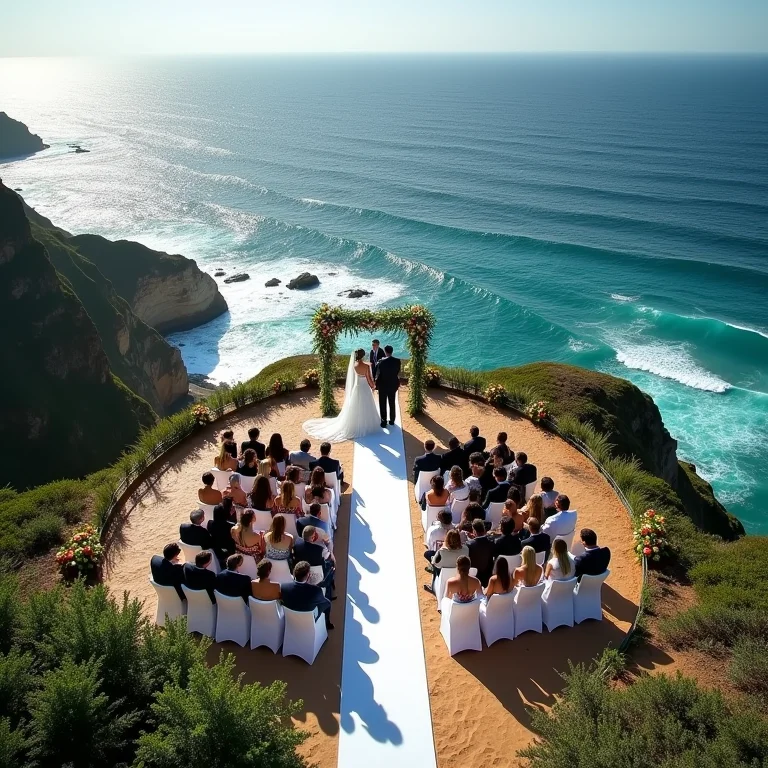 Cerimônia de casamento ao ar livre em um penhasco com vista para o mar