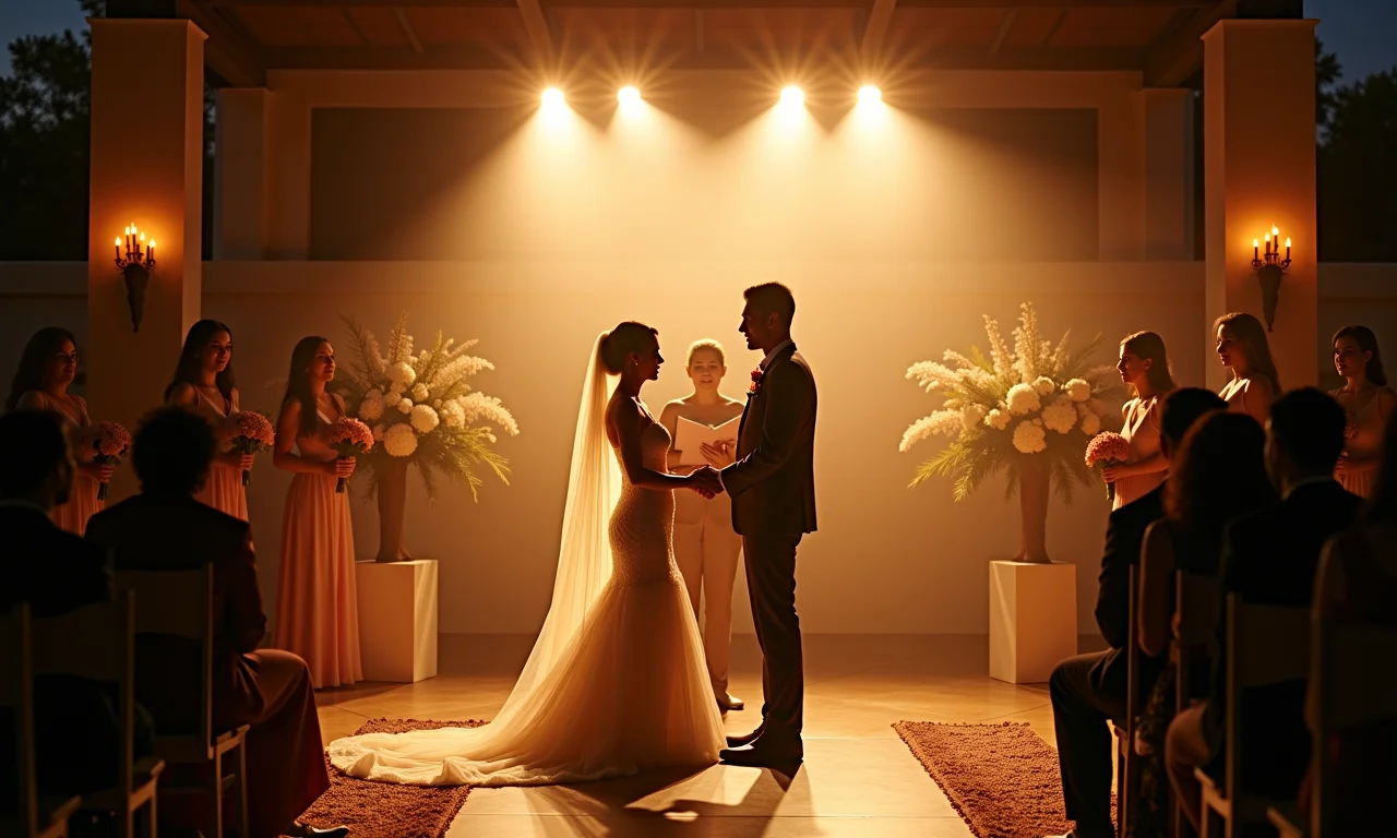 Cerimônia de casamento iluminada com canhões de luz suaves.