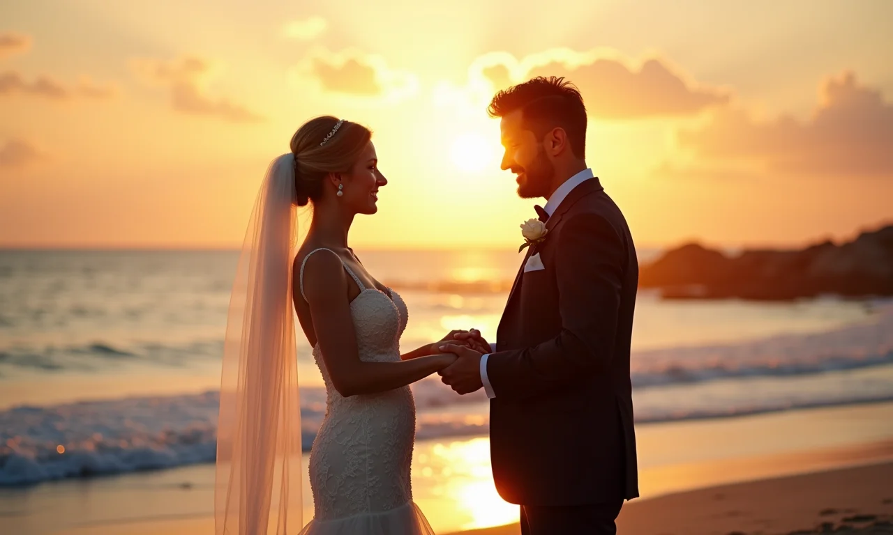 Cerimônia de casamento na praia ao pôr do sol, celebrante conduzindo os votos.