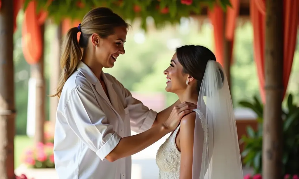 Cerimonialista ajustando o véu da noiva com carinho.