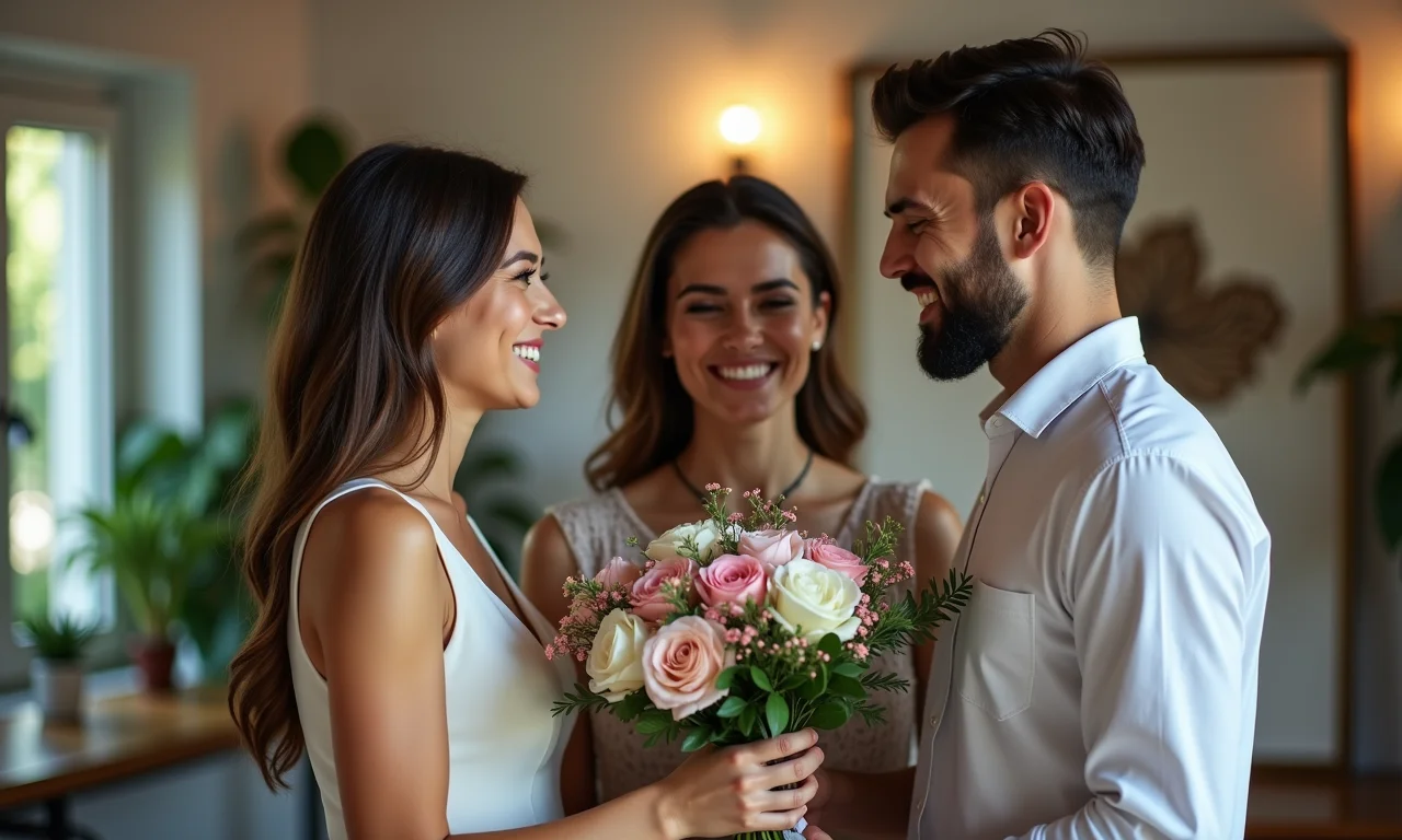 Cerimonialista indicando florista para casal em escritório decorado.