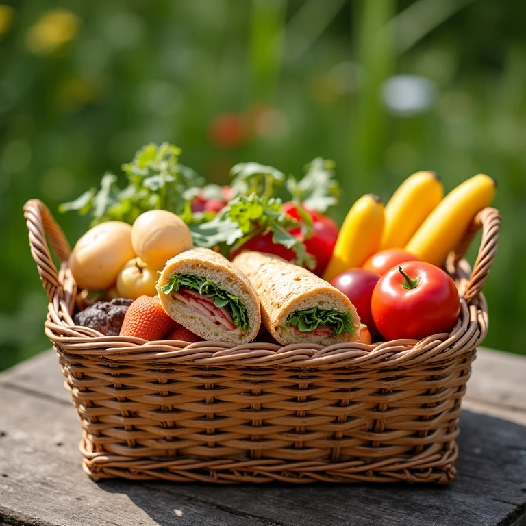 Cesta de piquenique recheada com sanduíches, frutas e saladas apetitosas.